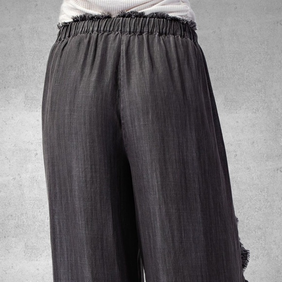 EASEL Raw Ruffle Trim Lightweight Pants Elastic & Drawstring Waist & Scooped Hem - Picture 4 of 16